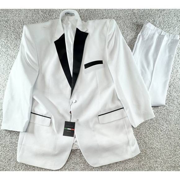 LUCCI Mens White Classic Fit Tuxedo w/Black Sateen Lapel & Trim Size 48L NEW